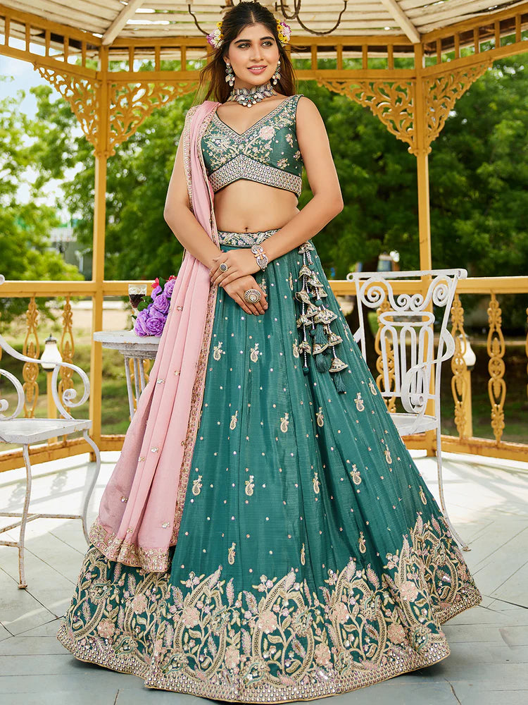 Teal Elegant Chiffon Sequin Embroidered Lehenga Choli Set with Ethnic Dupatta & Handmade Latkan ClothsVilla