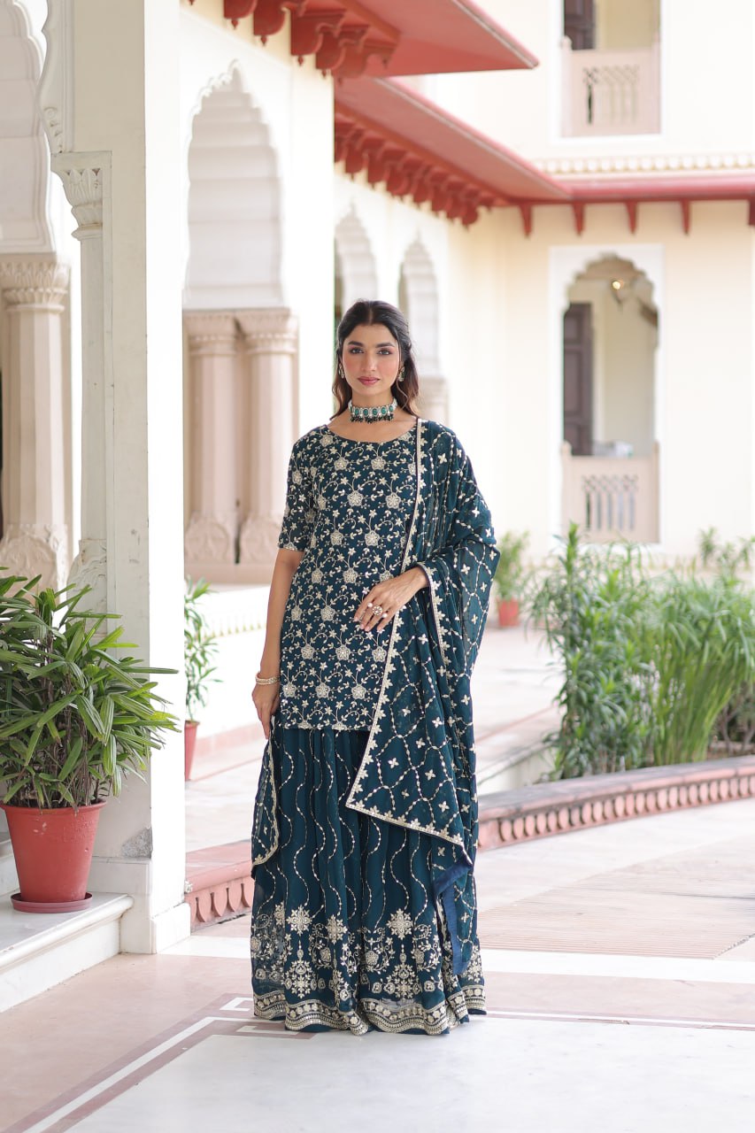 Teal Elegant Faux Georgette Sequins Embroidered Kurti with Sharara & Dupatta Set – Premium Party & Festive Wear ( ClothsVilla Main image