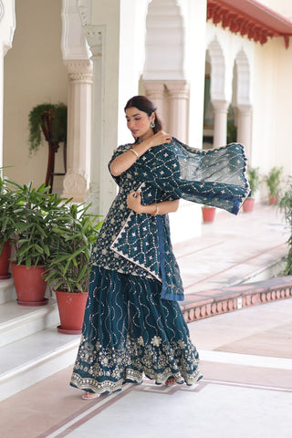 Teal Elegant Faux Georgette Sequins Embroidered Kurti with Sharara & Dupatta Set – Premium Party & Festive Wear ( ClothsVilla