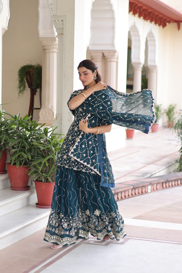 Teal Elegant Faux Georgette Sequins Embroidered Kurti with Sharara & Dupatta Set – Premium Party & Festive Wear ( ClothsVilla