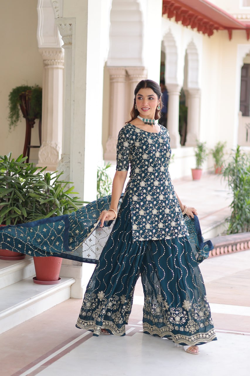 Teal Elegant Faux Georgette Sequins Embroidered Kurti with Sharara & Dupatta Set – Premium Party & Festive Wear ( ClothsVilla