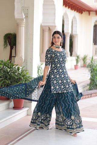 Teal Elegant Faux Georgette Sequins Embroidered Kurti with Sharara & Dupatta Set – Premium Party & Festive Wear ( ClothsVilla