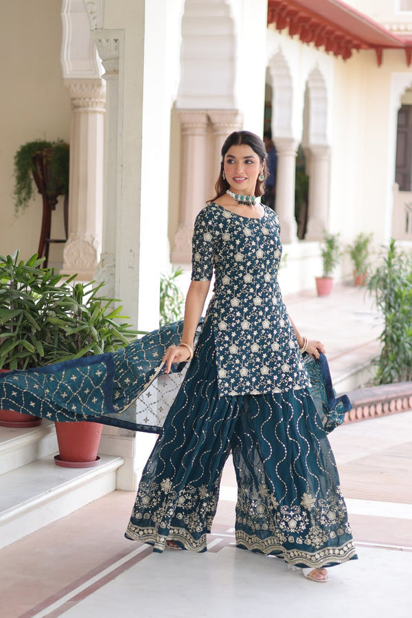 Teal Elegant Faux Georgette Sequins Embroidered Kurti with Sharara & Dupatta Set – Premium Party & Festive Wear ( ClothsVilla