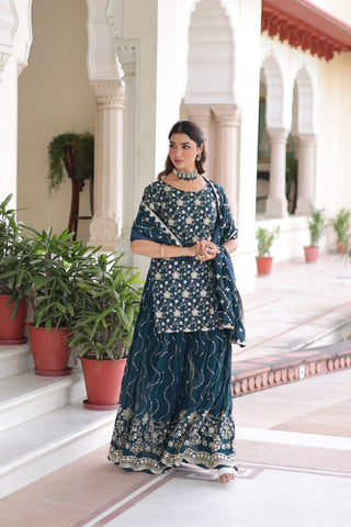 Teal Elegant Faux Georgette Sequins Embroidered Kurti with Sharara & Dupatta Set – Premium Party & Festive Wear ( ClothsVilla
