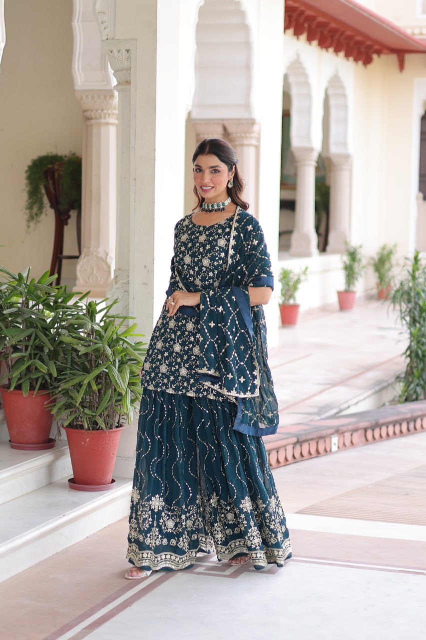Teal Elegant Faux Georgette Sequins Embroidered Kurti with Sharara & Dupatta Set – Premium Party & Festive Wear ( ClothsVilla