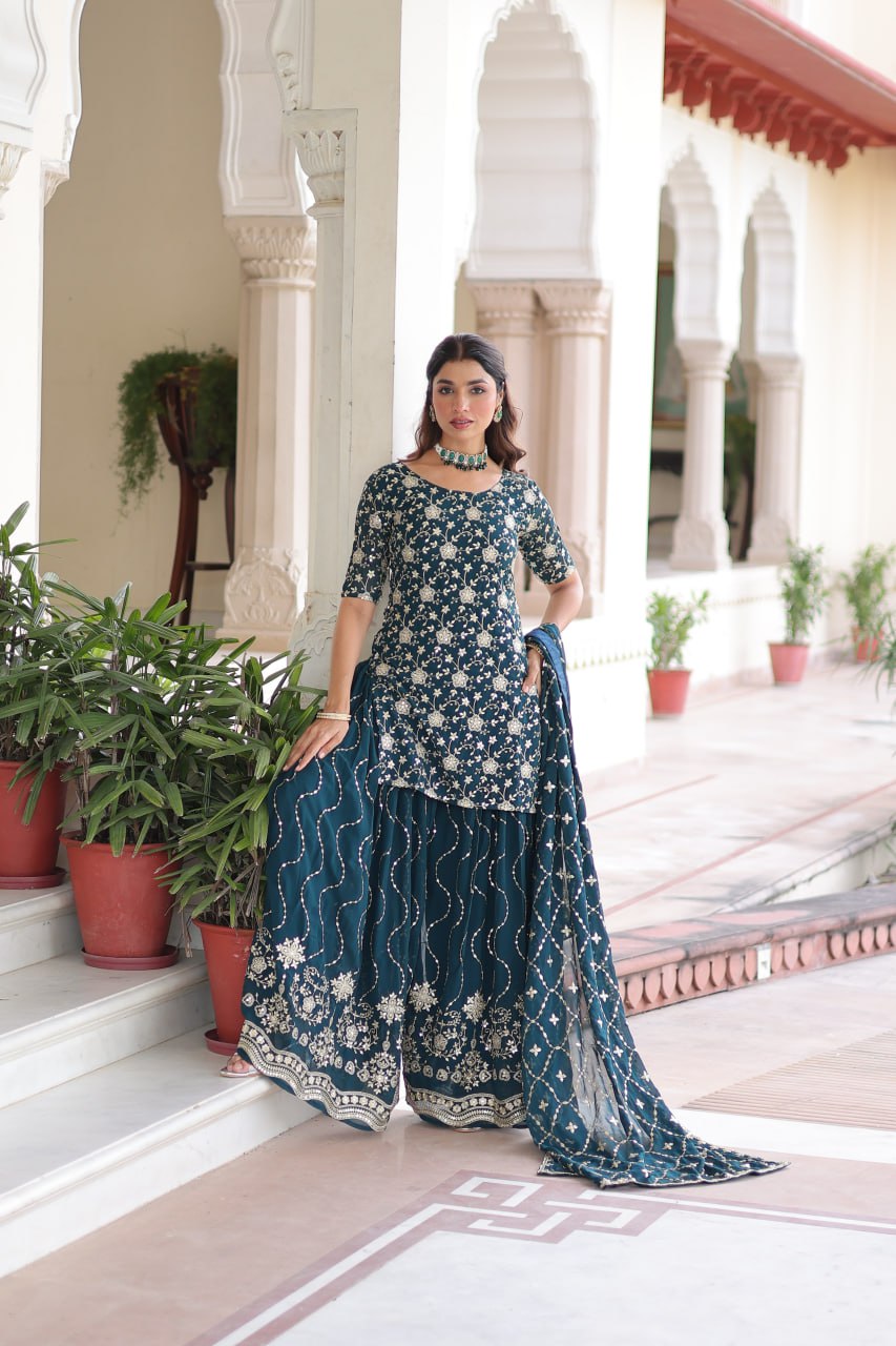 Teal Elegant Faux Georgette Sequins Embroidered Kurti with Sharara & Dupatta Set – Premium Party & Festive Wear ( ClothsVilla