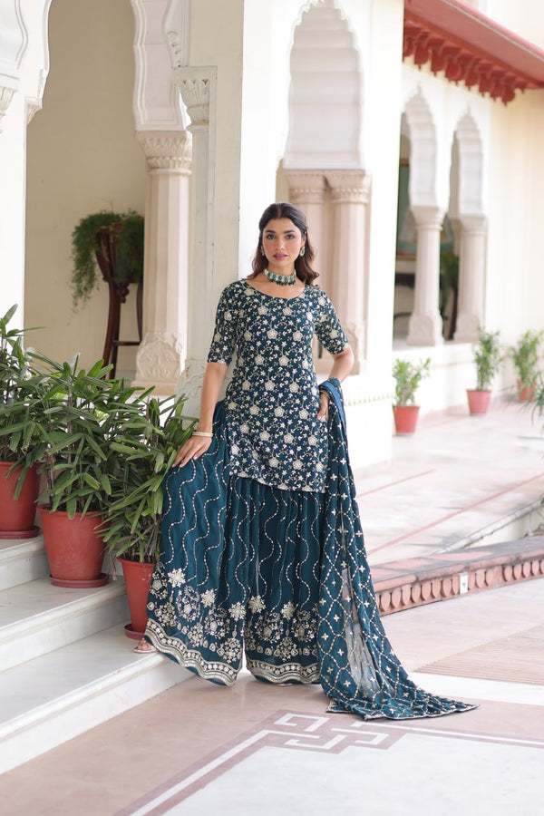 Teal Elegant Faux Georgette Sequins Embroidered Kurti with Sharara & Dupatta Set – Premium Party & Festive Wear ( ClothsVilla