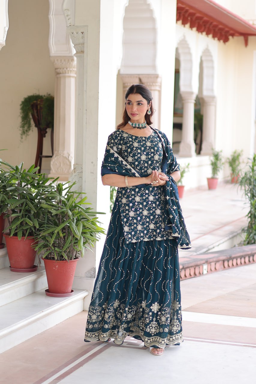 Teal Elegant Faux Georgette Sequins Embroidered Kurti with Sharara & Dupatta Set – Premium Party & Festive Wear ( ClothsVilla
