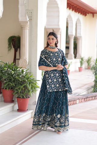 Teal Elegant Faux Georgette Sequins Embroidered Kurti with Sharara & Dupatta Set – Premium Party & Festive Wear ( ClothsVilla