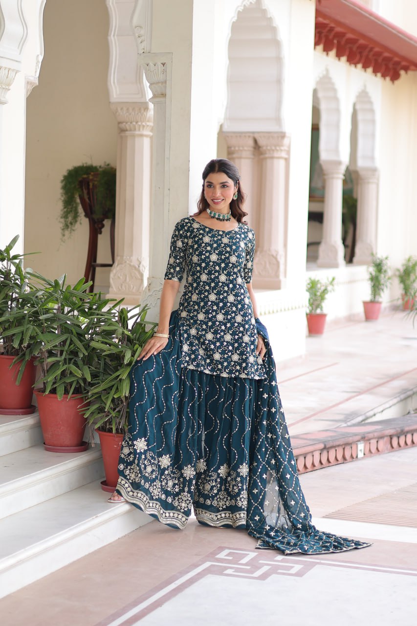 Teal Elegant Faux Georgette Sequins Embroidered Kurti with Sharara & Dupatta Set – Premium Party & Festive Wear ( ClothsVilla