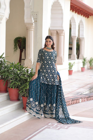 Teal Elegant Faux Georgette Sequins Embroidered Kurti with Sharara & Dupatta Set – Premium Party & Festive Wear ( ClothsVilla