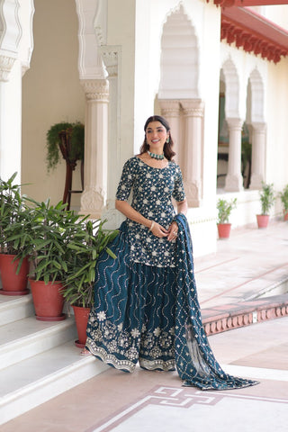 Teal Elegant Faux Georgette Sequins Embroidered Kurti with Sharara & Dupatta Set – Premium Party & Festive Wear ( ClothsVilla