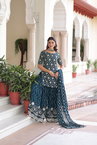 Teal Elegant Faux Georgette Sequins Embroidered Kurti with Sharara & Dupatta Set – Premium Party & Festive Wear ( ClothsVilla
