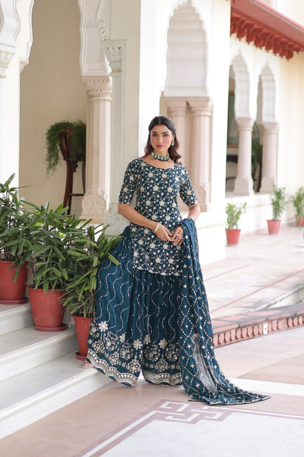 Teal Elegant Faux Georgette Sequins Embroidered Kurti with Sharara & Dupatta Set – Premium Party & Festive Wear ( ClothsVilla
