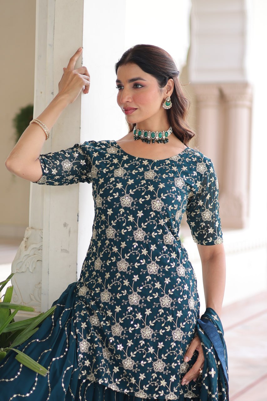 Teal Elegant Faux Georgette Sequins Embroidered Kurti with Sharara & Dupatta Set – Premium Party & Festive Wear ( ClothsVilla