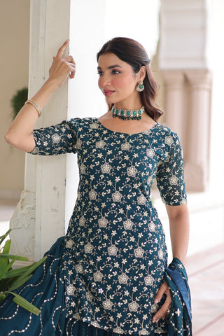 Teal Elegant Faux Georgette Sequins Embroidered Kurti with Sharara & Dupatta Set – Premium Party & Festive Wear ( ClothsVilla