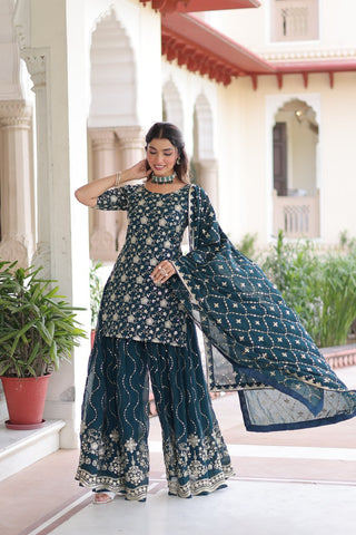 Teal Elegant Faux Georgette Sequins Embroidered Kurti with Sharara & Dupatta Set – Premium Party & Festive Wear ( ClothsVilla