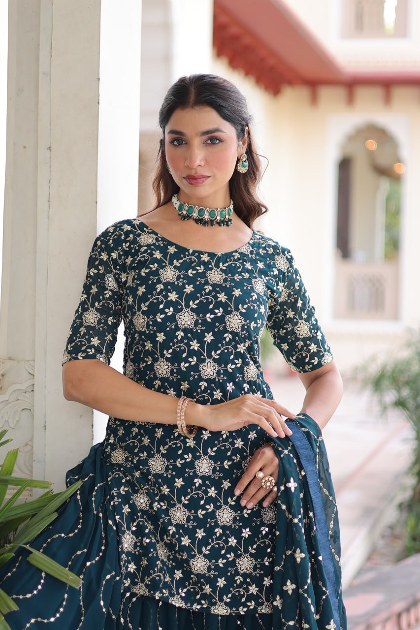 Teal Elegant Faux Georgette Sequins Embroidered Kurti with Sharara & Dupatta Set – Premium Party & Festive Wear ( ClothsVilla