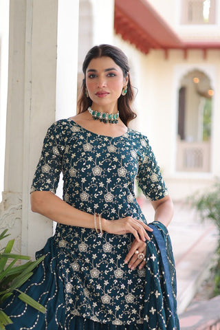 Teal Elegant Faux Georgette Sequins Embroidered Kurti with Sharara & Dupatta Set – Premium Party & Festive Wear ( ClothsVilla