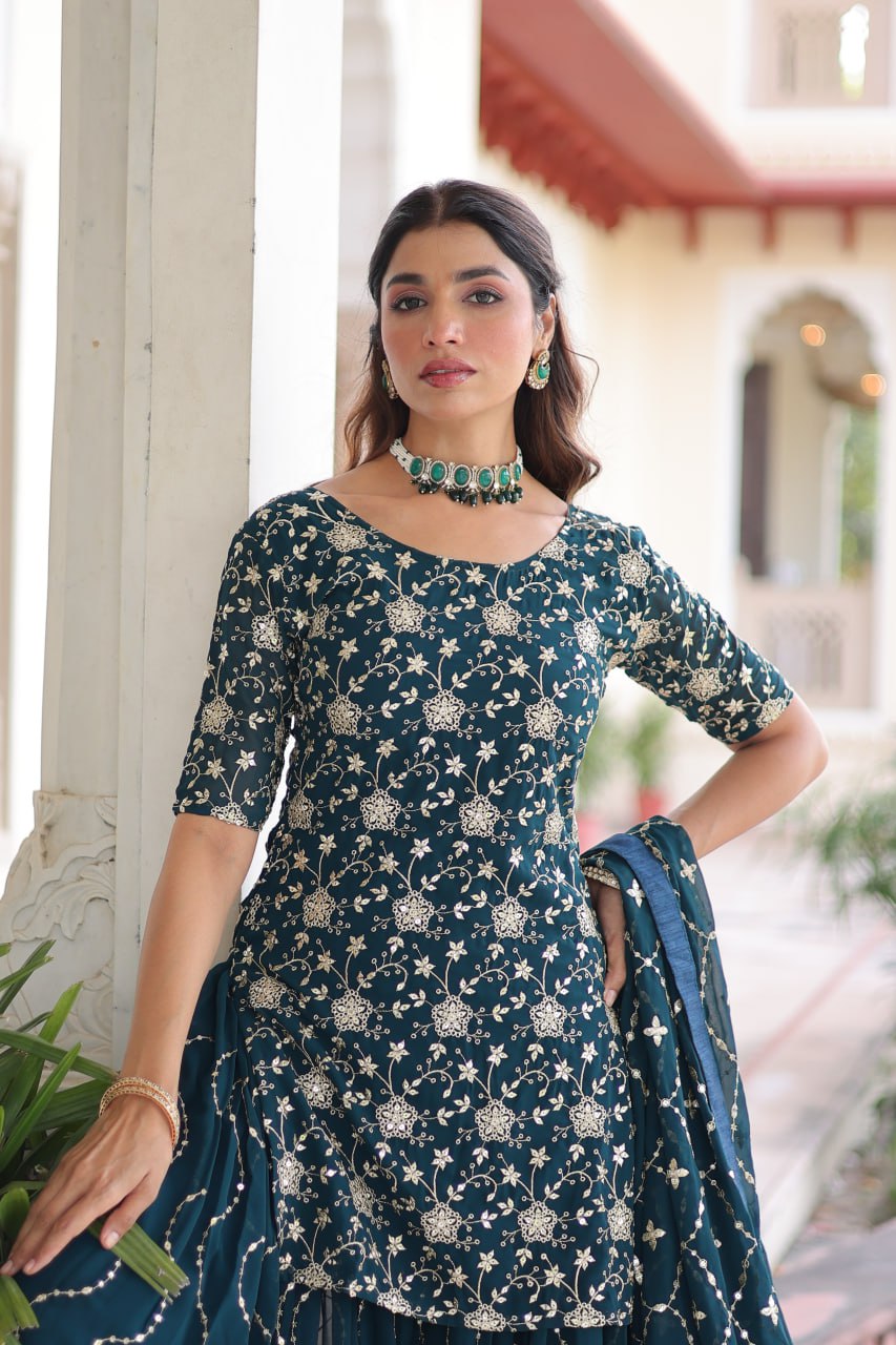 Teal Elegant Faux Georgette Sequins Embroidered Kurti with Sharara & Dupatta Set – Premium Party & Festive Wear ( ClothsVilla