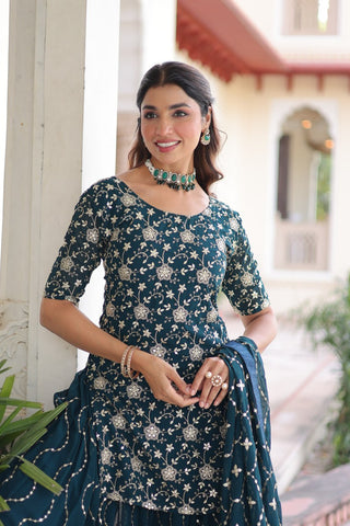 Teal Elegant Faux Georgette Sequins Embroidered Kurti with Sharara & Dupatta Set – Premium Party & Festive Wear ( ClothsVilla