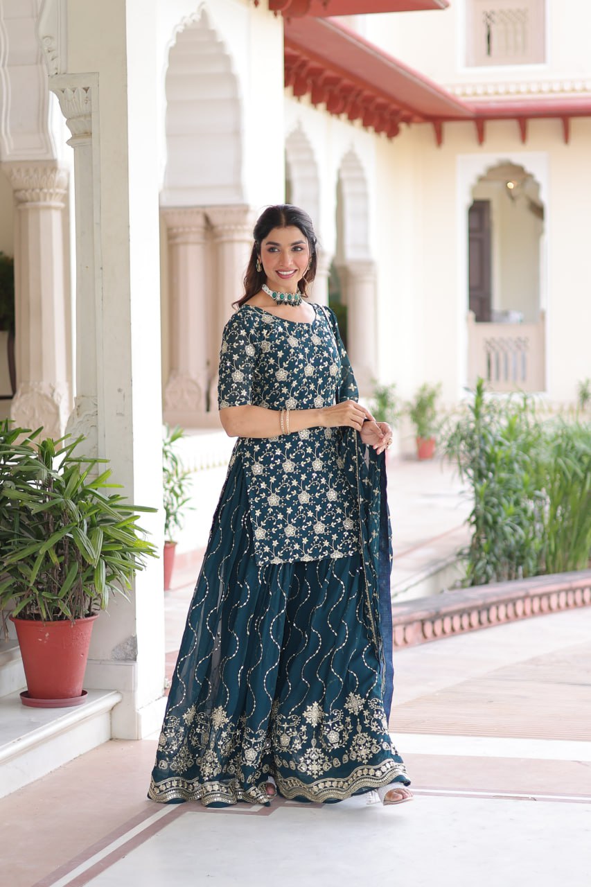 Teal Elegant Faux Georgette Sequins Embroidered Kurti with Sharara & Dupatta Set – Premium Party & Festive Wear ( ClothsVilla