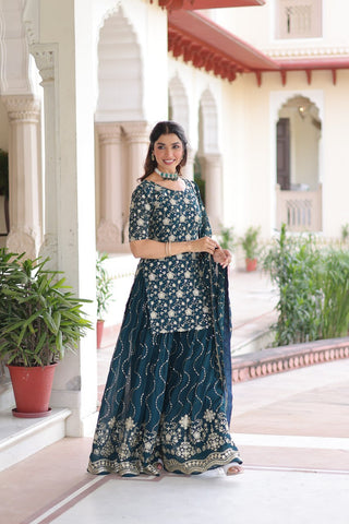 Teal Elegant Faux Georgette Sequins Embroidered Kurti with Sharara & Dupatta Set – Premium Party & Festive Wear ( ClothsVilla