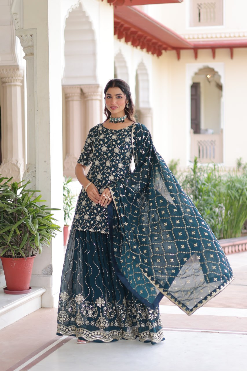 Teal Elegant Faux Georgette Sequins Embroidered Kurti with Sharara & Dupatta Set – Premium Party & Festive Wear ( ClothsVilla