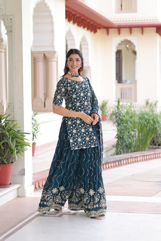 Teal Elegant Faux Georgette Sequins Embroidered Kurti with Sharara & Dupatta Set – Premium Party & Festive Wear ( ClothsVilla