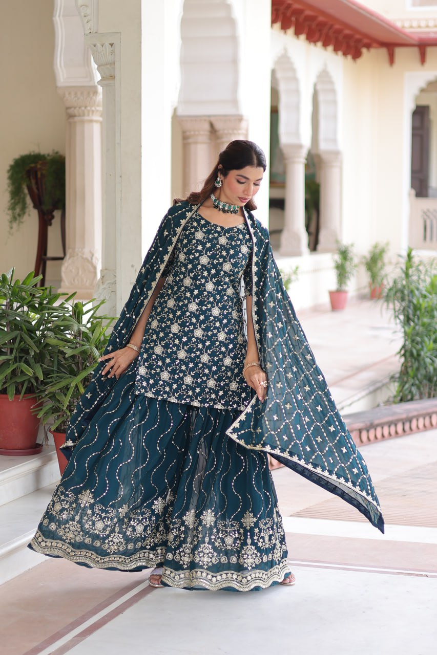 Teal Elegant Faux Georgette Sequins Embroidered Kurti with Sharara & Dupatta Set – Premium Party & Festive Wear ( ClothsVilla
