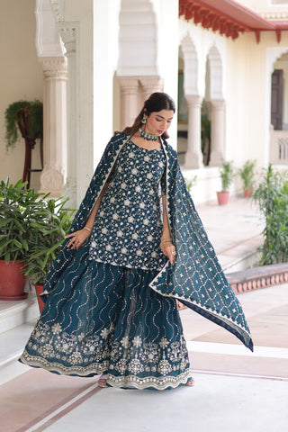 Teal Elegant Faux Georgette Sequins Embroidered Kurti with Sharara & Dupatta Set – Premium Party & Festive Wear ( ClothsVilla