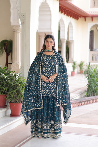 Teal Elegant Faux Georgette Sequins Embroidered Kurti with Sharara & Dupatta Set – Premium Party & Festive Wear ( ClothsVilla