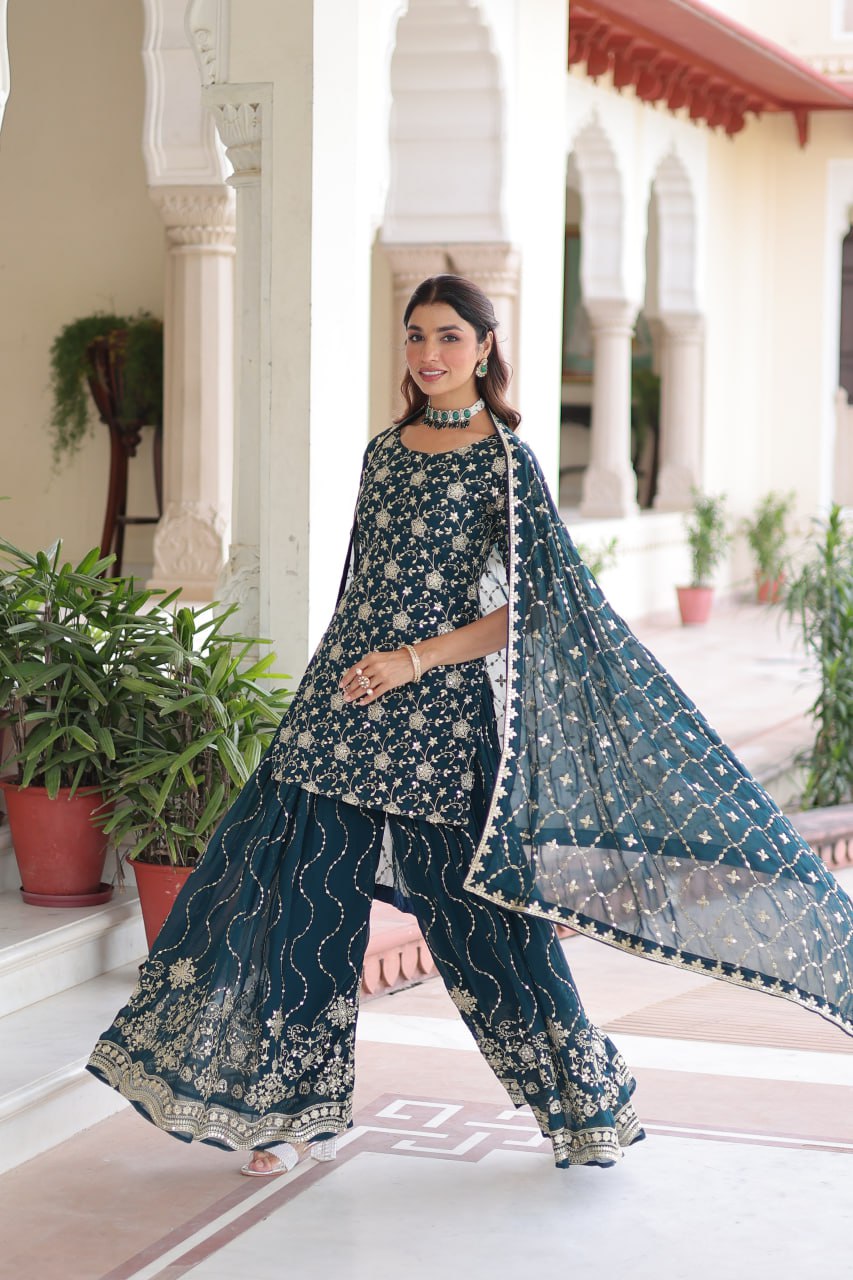 Teal Elegant Faux Georgette Sequins Embroidered Kurti with Sharara & Dupatta Set – Premium Party & Festive Wear ( ClothsVilla