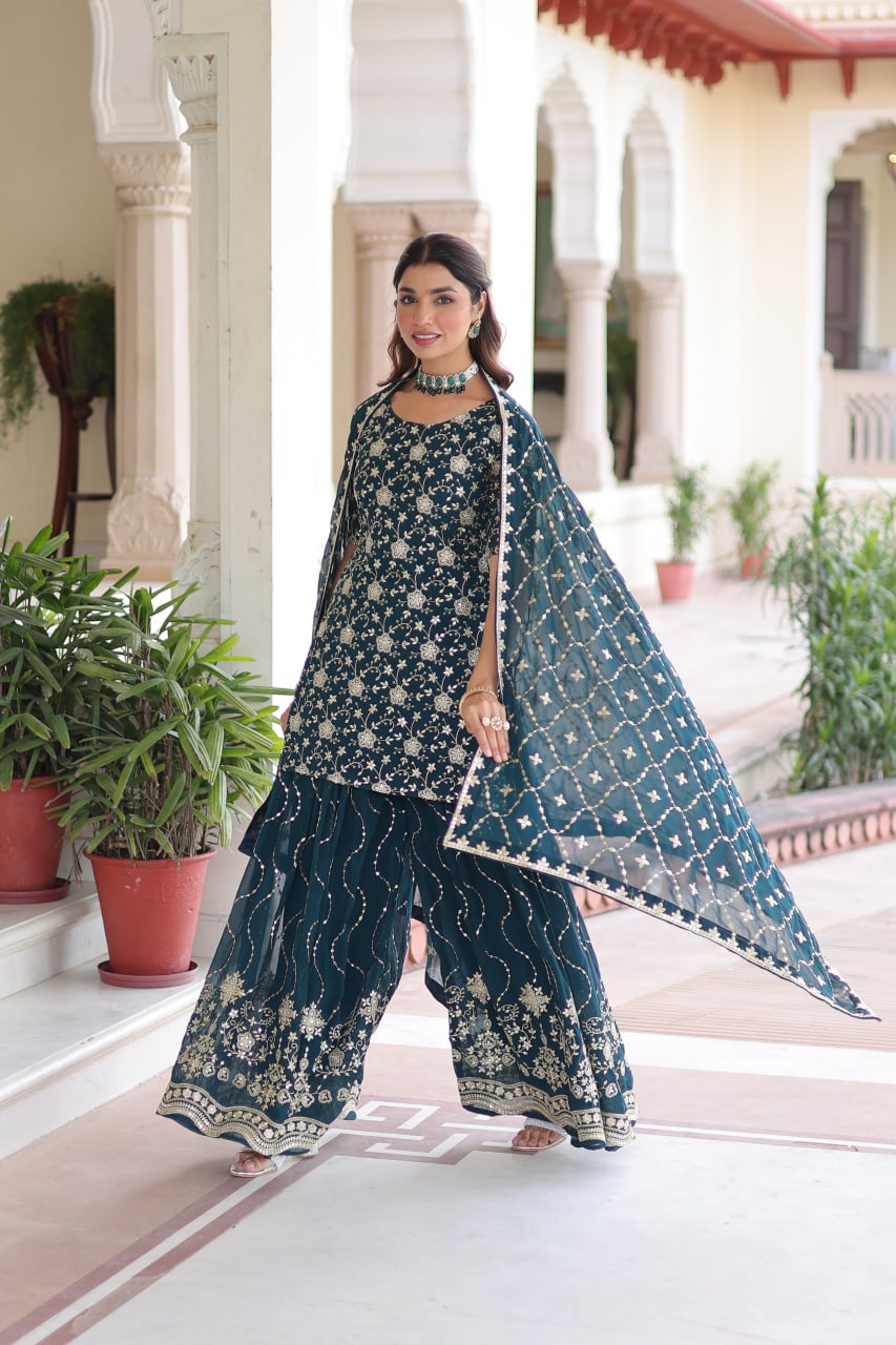Teal Elegant Faux Georgette Sequins Embroidered Kurti with Sharara & Dupatta Set – Premium Party & Festive Wear ( ClothsVilla