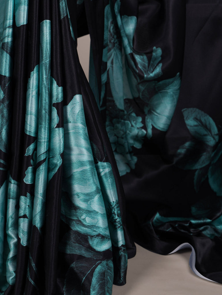 Teal Elegant Floral Print Satin Silk Saree with Plain Banglory Blouse Piece ClothsVilla