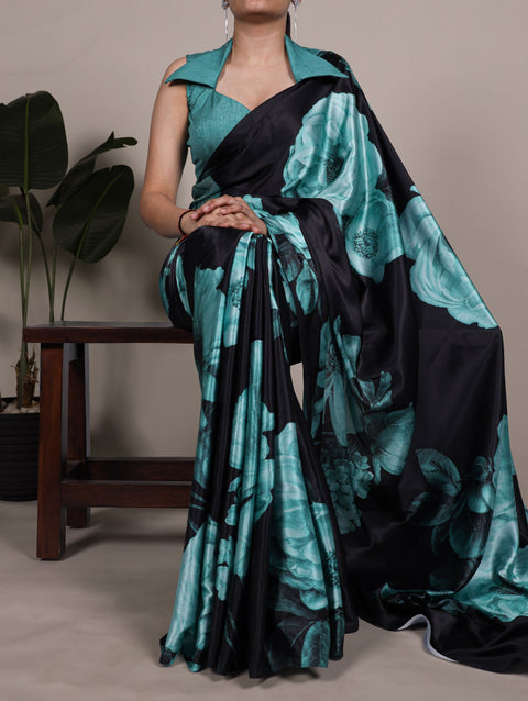 Teal Elegant Floral Print Satin Silk Saree with Plain Banglory Blouse Piece ClothsVilla Main image