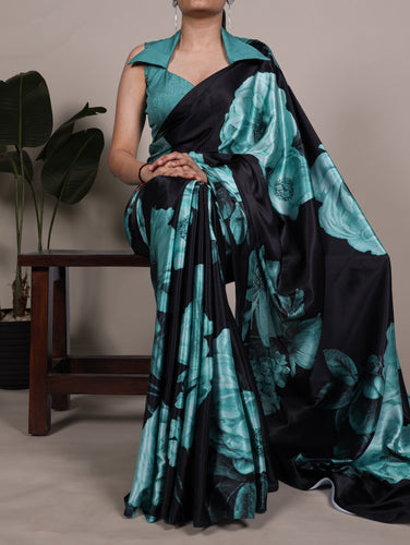 Teal Elegant Floral Print Satin Silk Saree with Plain Banglory Blouse Piece ClothsVilla