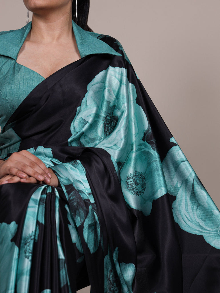 Teal Elegant Floral Print Satin Silk Saree with Plain Banglory Blouse Piece ClothsVilla