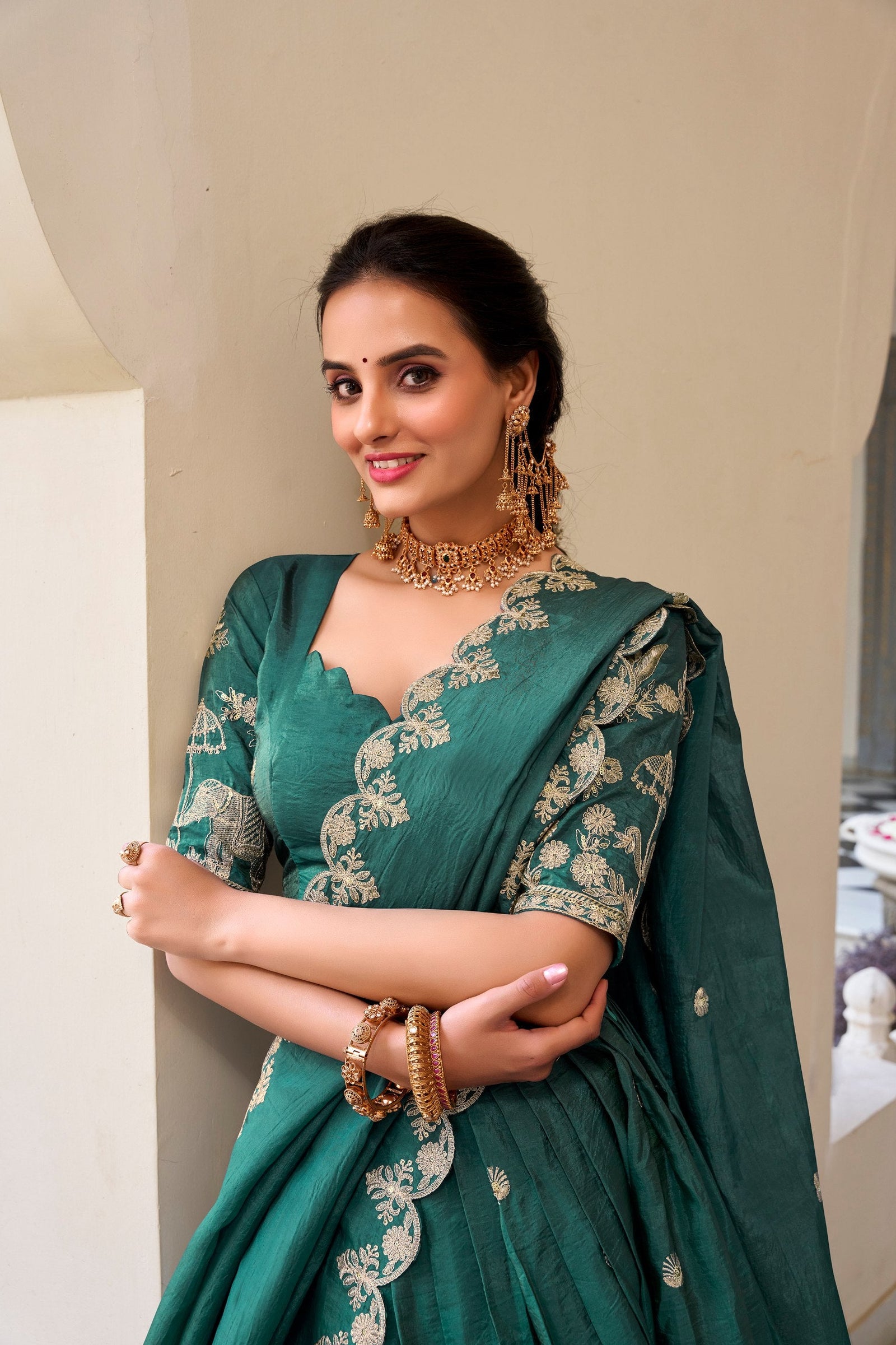 Teal Elegant Gold Crush Lehenga Set with Sequins & Thread Embroidery ClothsVilla