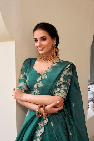 Teal Elegant Gold Crush Lehenga Set with Sequins & Thread Embroidery ClothsVilla
