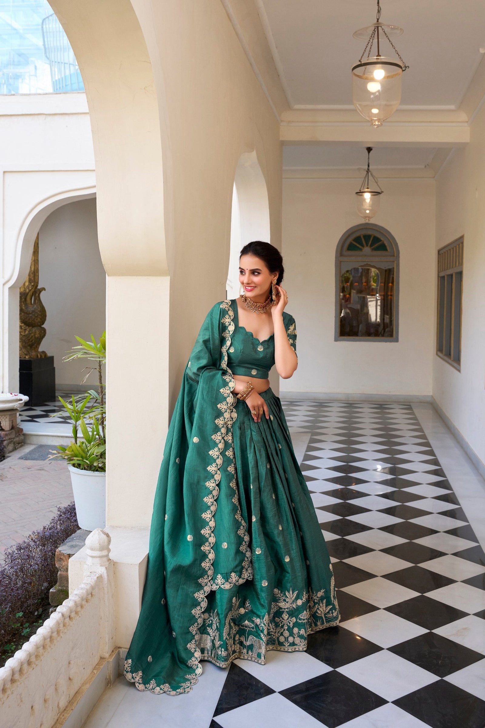 Teal Elegant Gold Crush Lehenga Set with Sequins & Thread Embroidery ClothsVilla
