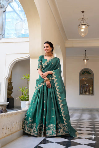 Teal Elegant Gold Crush Lehenga Set with Sequins & Thread Embroidery ClothsVilla