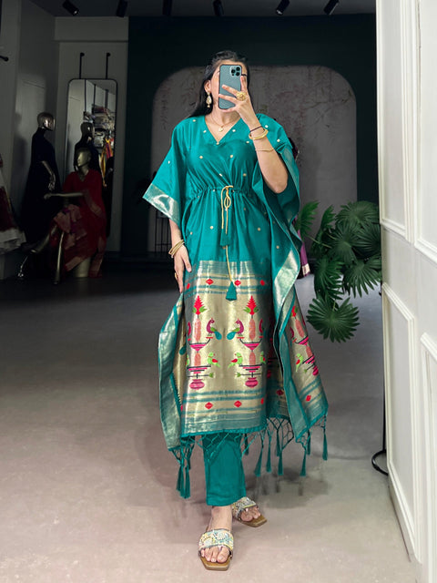 Teal Elegant Jacquard Paithani Kaftan with Zari Weaving Work ClothsVilla Main image