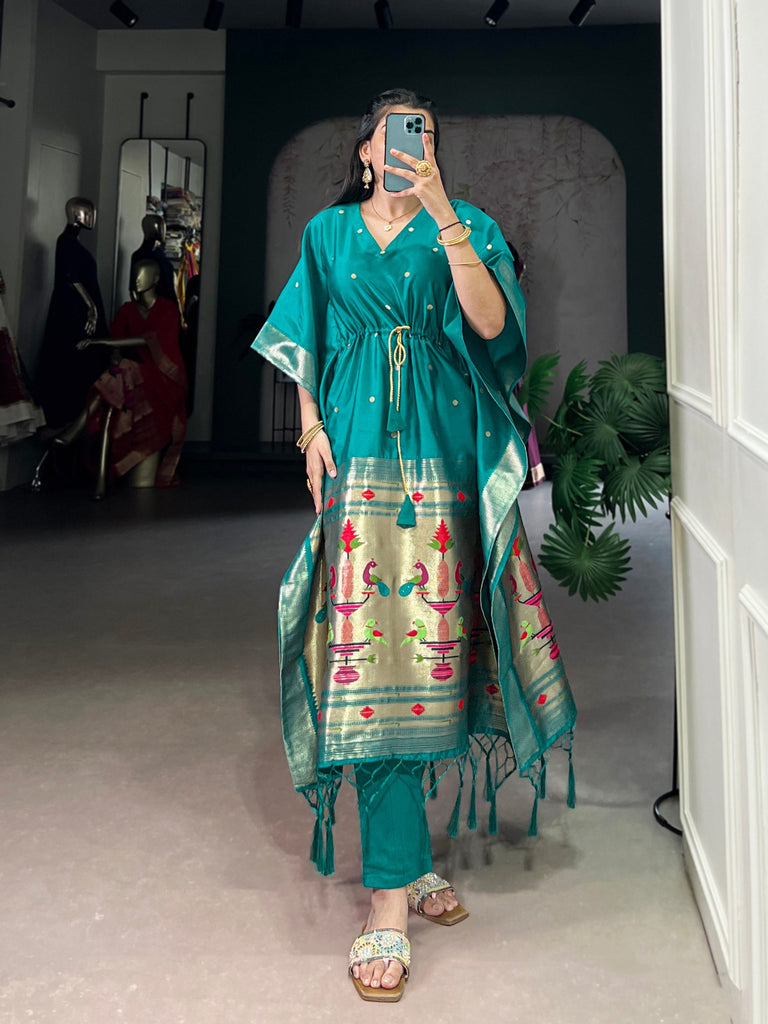 Teal Elegant Jacquard Paithani Kaftan with Zari Weaving Work ClothsVilla