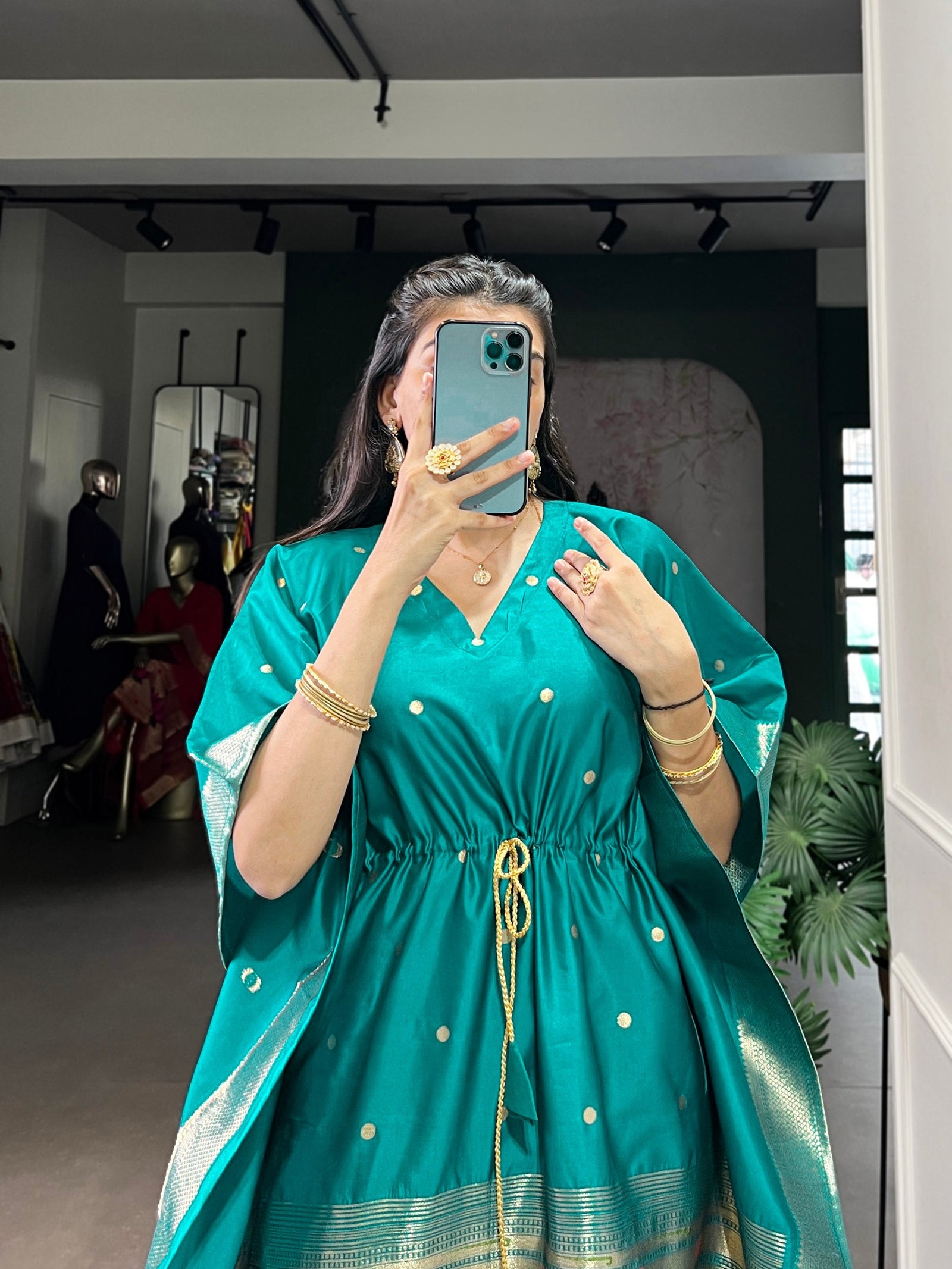 Teal Elegant Jacquard Paithani Kaftan with Zari Weaving Work ClothsVilla
