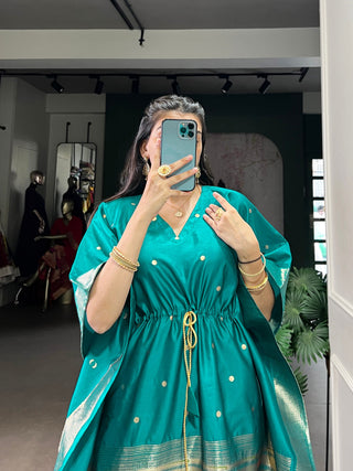 Teal Elegant Jacquard Paithani Kaftan with Zari Weaving Work ClothsVilla