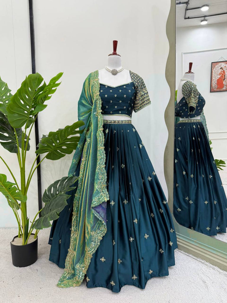 Teal Elegant Japan Satin Lehenga Choli Set with Thread & Sequin Work and Fendi Silk Dupatta ClothsVilla