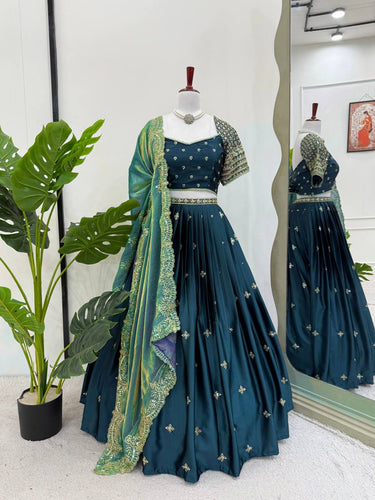 Teal Elegant Japan Satin Lehenga Choli Set with Thread & Sequin Work and Fendi Silk Dupatta ClothsVilla