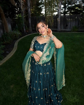 Teal Elegant Japan Satin Lehenga Choli Set with Thread & Sequin Work and Fendi Silk Dupatta ClothsVilla