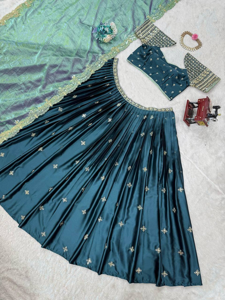 Teal Elegant Japan Satin Lehenga Choli Set with Thread & Sequin Work and Fendi Silk Dupatta ClothsVilla